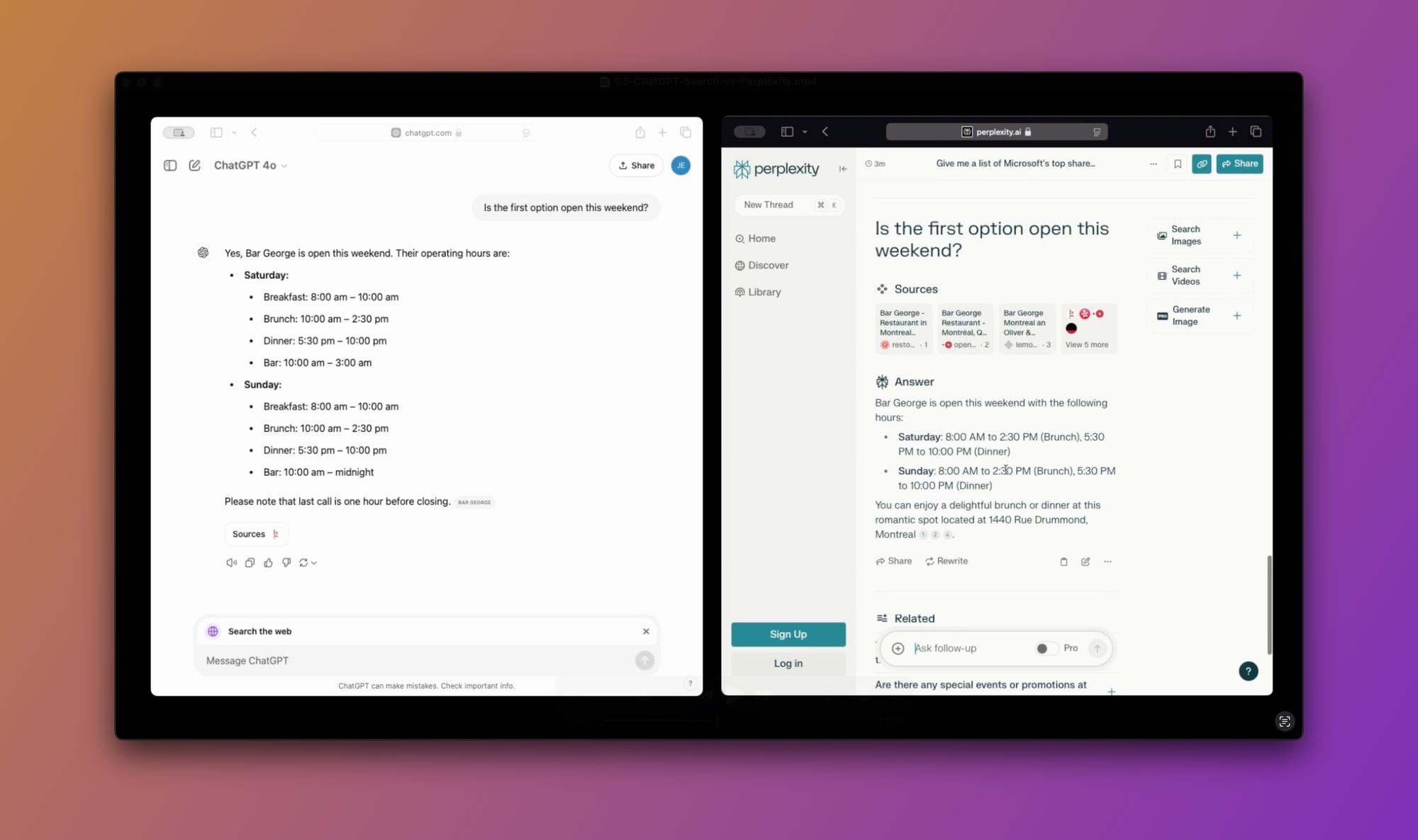 Query: "Is the first option open this weekend?" - (ChatGPT Search vs Perplexity)