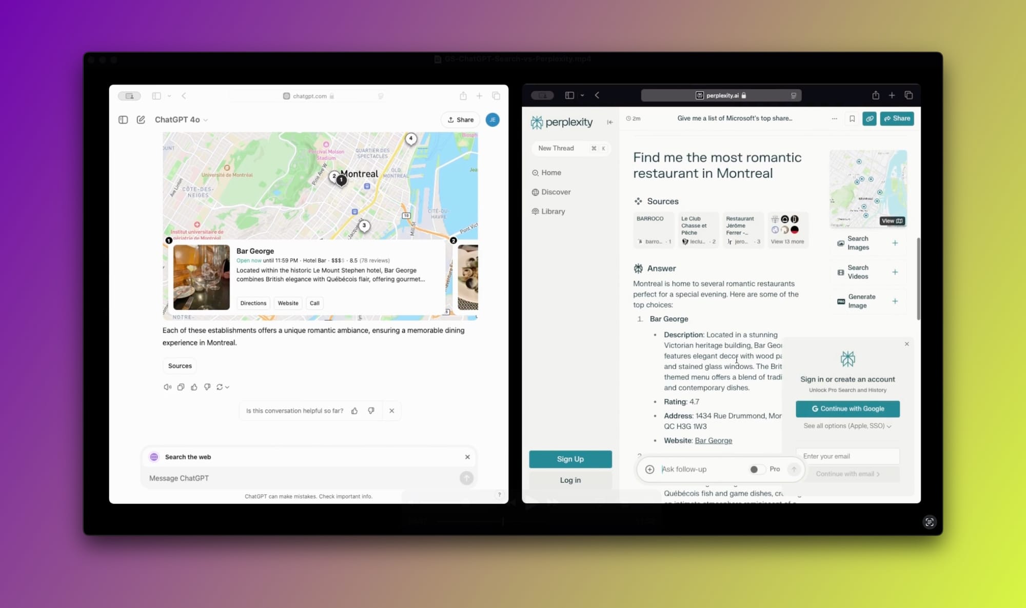 Query: "Find me the most romantic restaurant in Montreal." - (ChatGPT Search vs Perplexity)