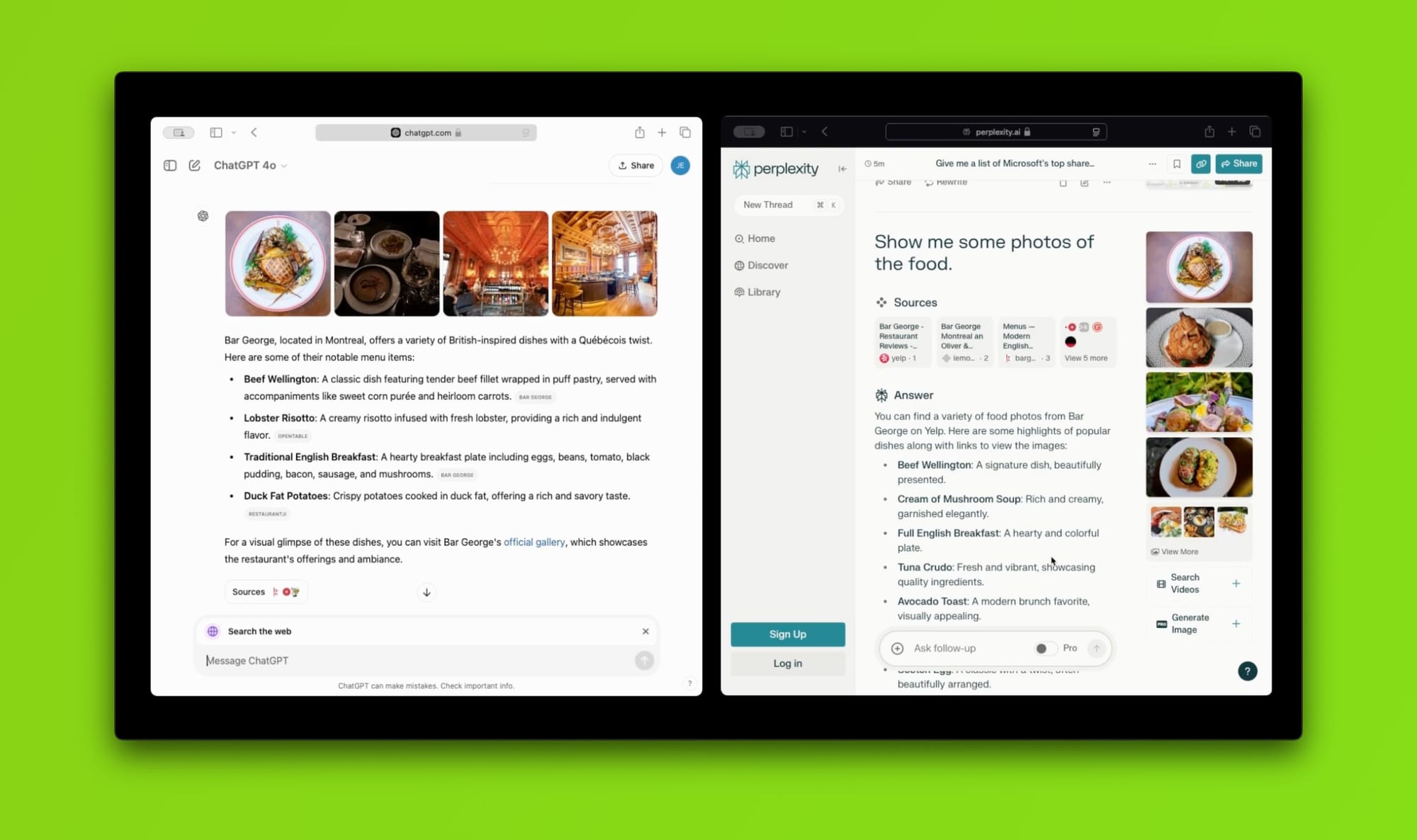 Query: "Show me some photos of the food." - (ChatGPT Search vs Perplexity)