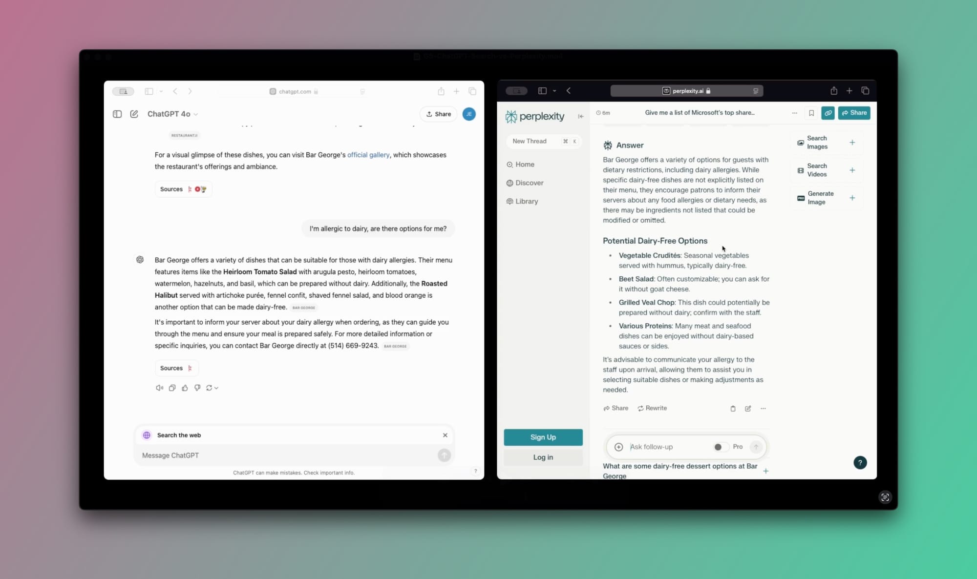 Query: "I'm allergic to dairy, are there options for me?" - (ChatGPT Search vs Perplexity)