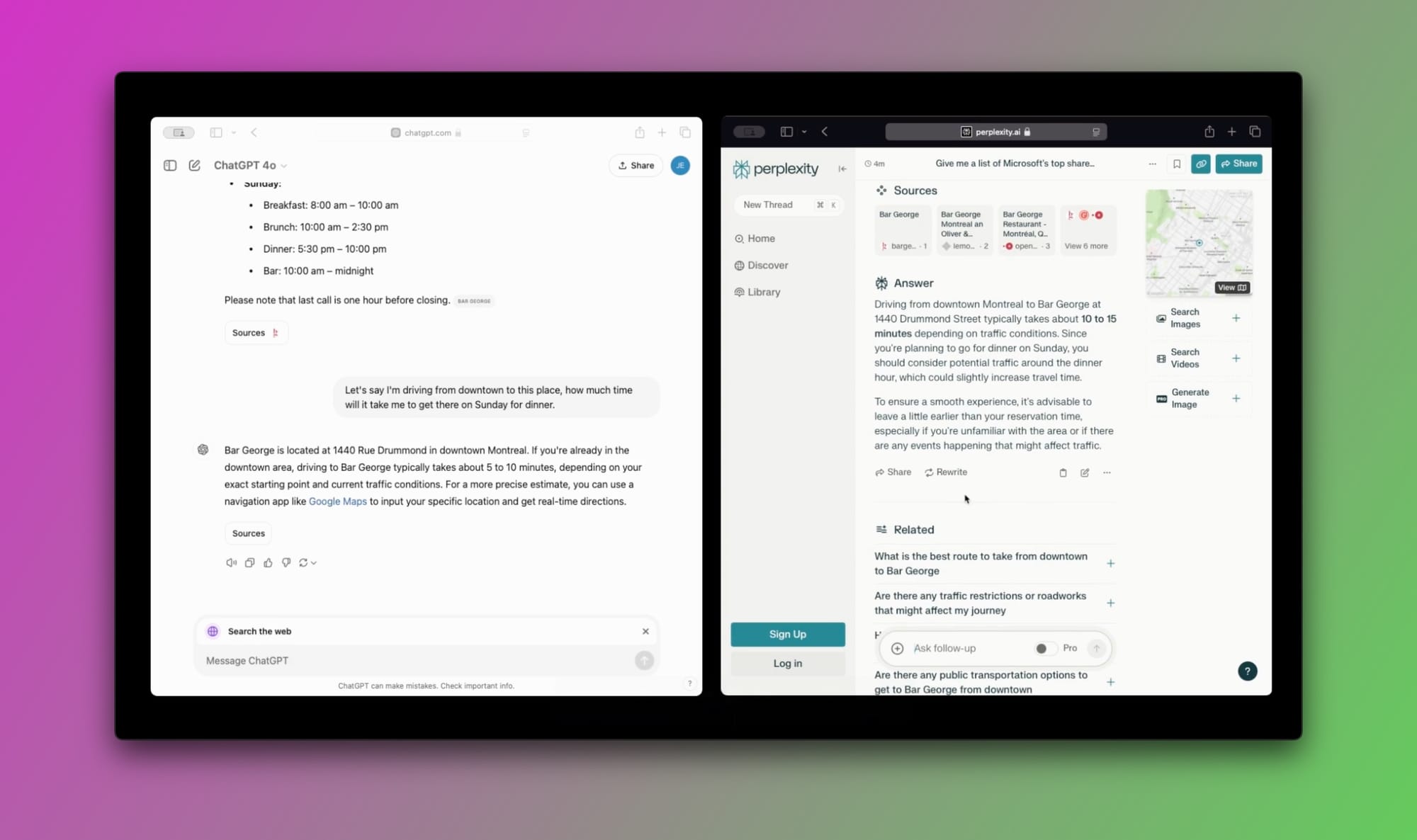 Query: "Let's say I'm driving from downtown to this place, how much time will it take me to get there on Sunday for dinner." - (ChatGPT Search vs Perplexity)